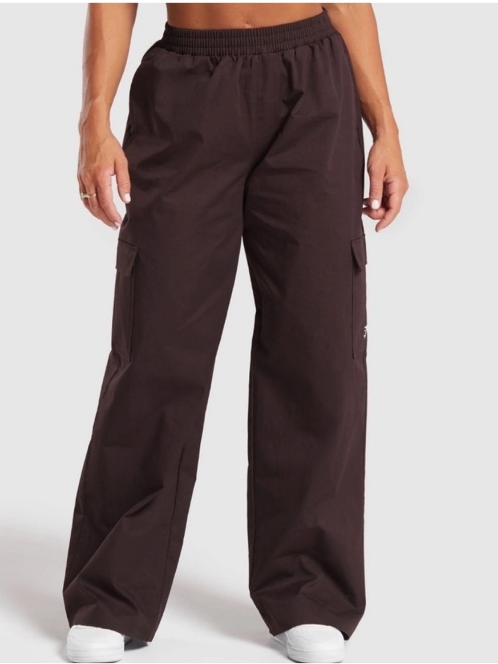 GYMSHARK Cargo Track Dark Brown Wide Leg Pull On Cotton Utility Athleisure Pant